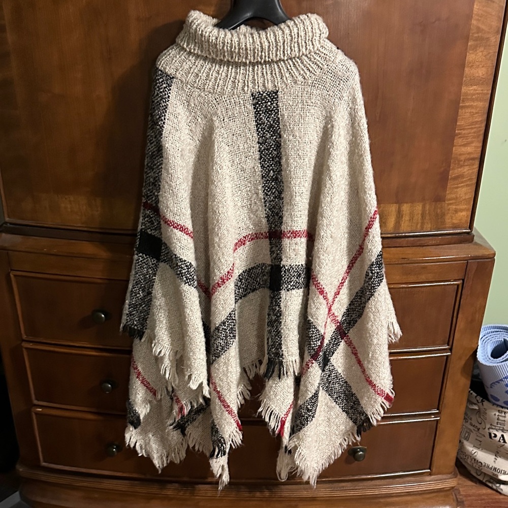 Cozy Plaid Turtleneck Poncho Sweater